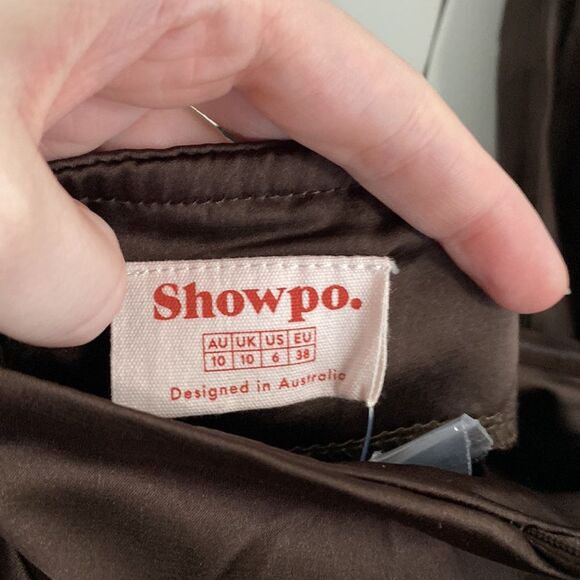 Showpo AMELLIA HALTER NECK CUT OUT MINI DRESS CHOCOLATE SATIN Size 6 NWT - Picture 7 of 10